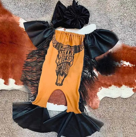 custom moq 3 Western cow orange tassels kids romper
