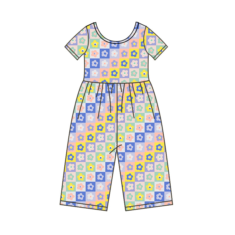 preorder SR0484 Colorful checkered flowers short sleeve girls jumpsuits