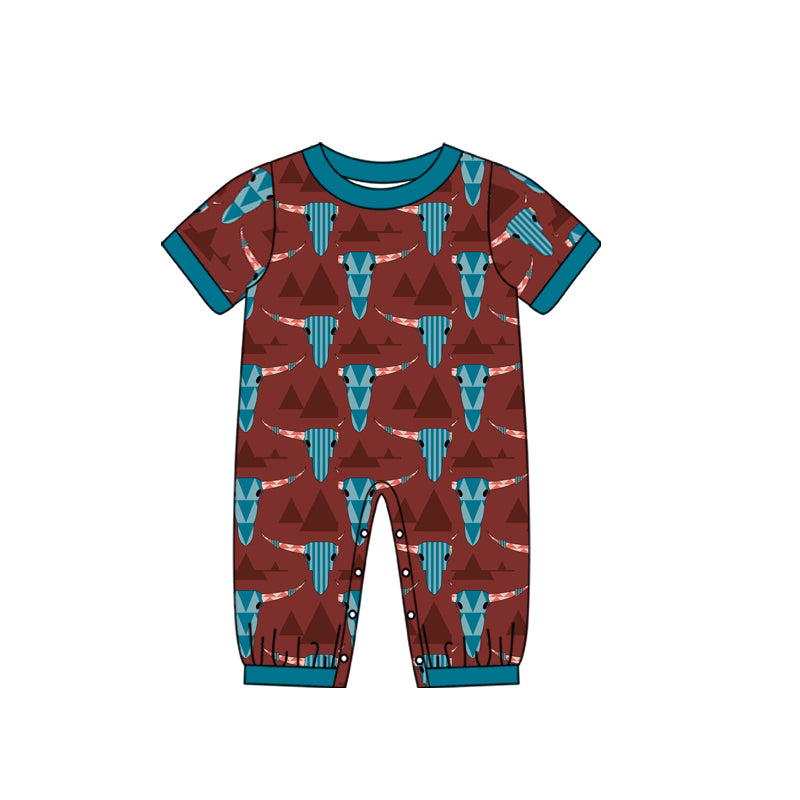 preorder SR0485 Western Aztec cow brown short sleeve kids romper