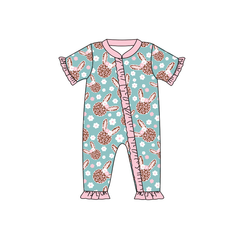 preorder SR0487 Easter leopard rabbit blue flowers short sleeve girls romper