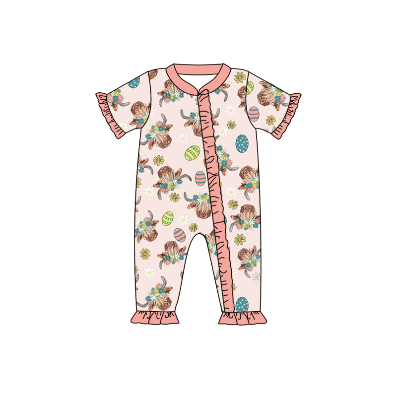 preorder SR0548 Western highland cow egg pink short sleeve girls romper