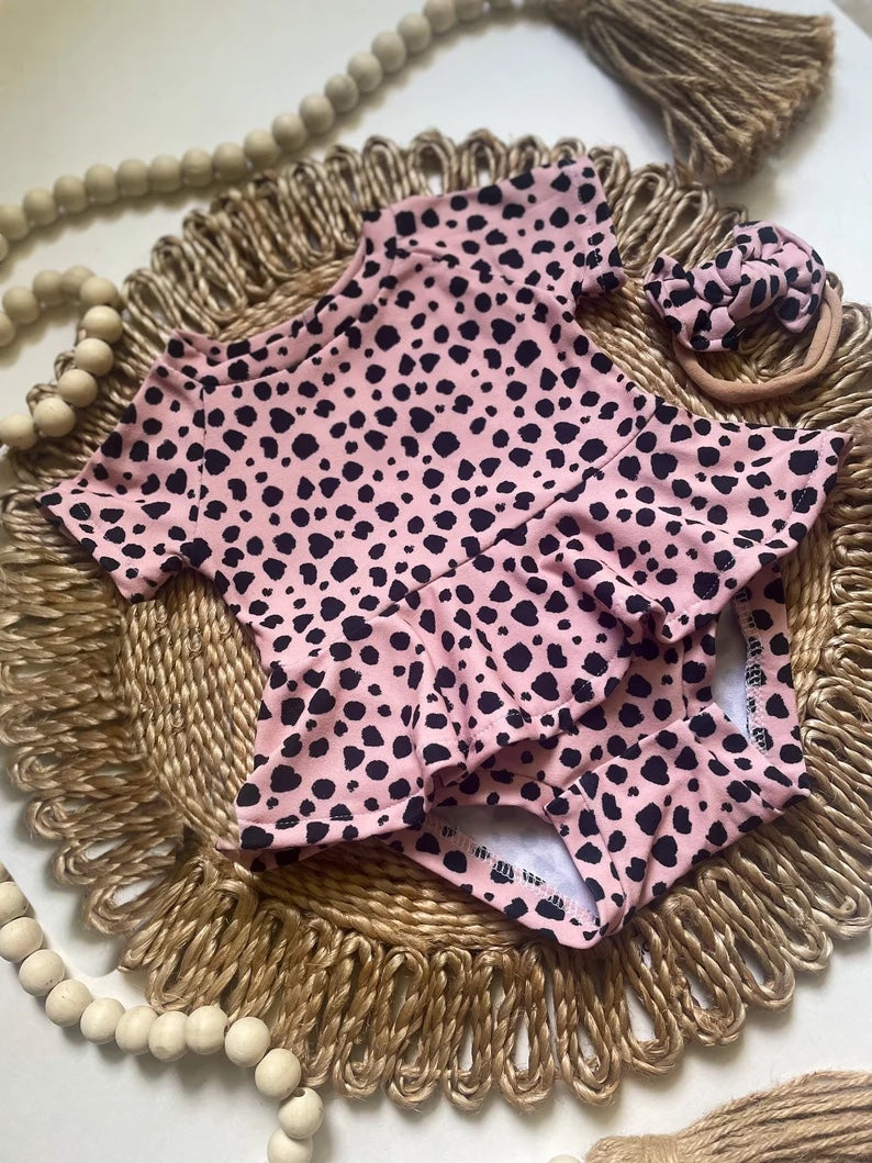 preorder SR0628 Hot pink leopard short sleeve ruffles girls romper