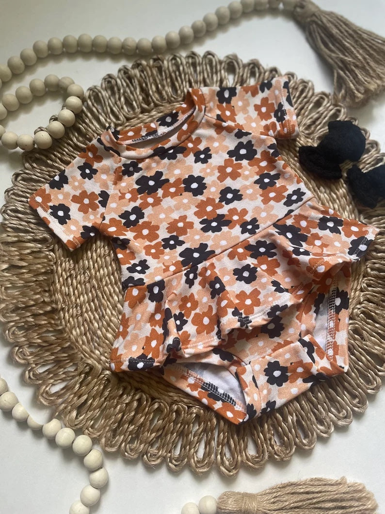 preorder SR0629 Orange flowers short sleeve ruffles girls romper