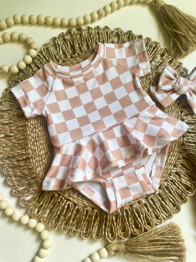 preorder SR0630 Pink checkered short sleeve ruffles girls romper