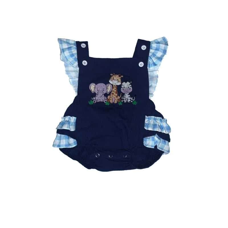 preorder SR0660 Elephant giraffe zebra animals navy flutter sleeve girls romper