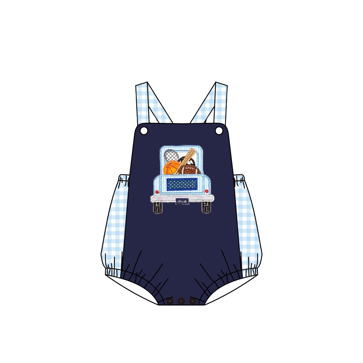 preorder SR0678 Play baseball football truck navy blue checkered sleeveless boys romper