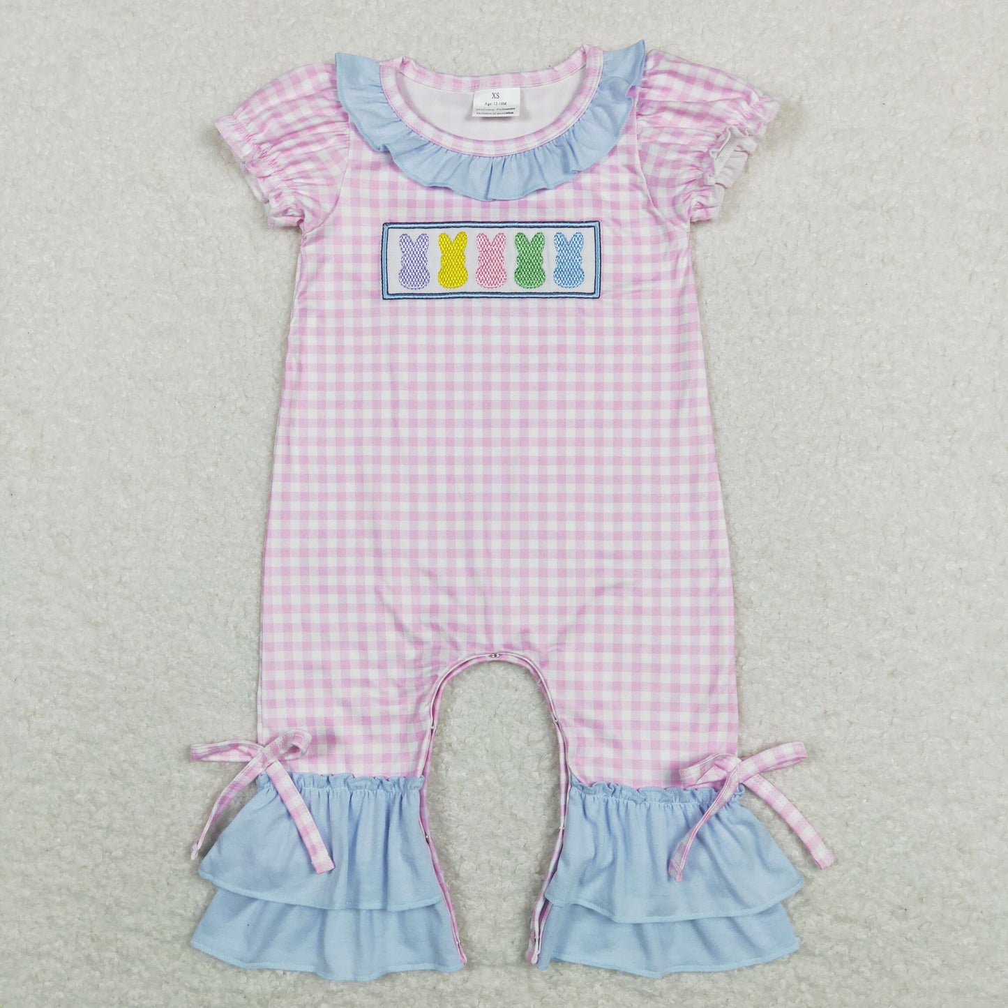 SR0689 Easter rabbit pink checkered short sleeve girls romper