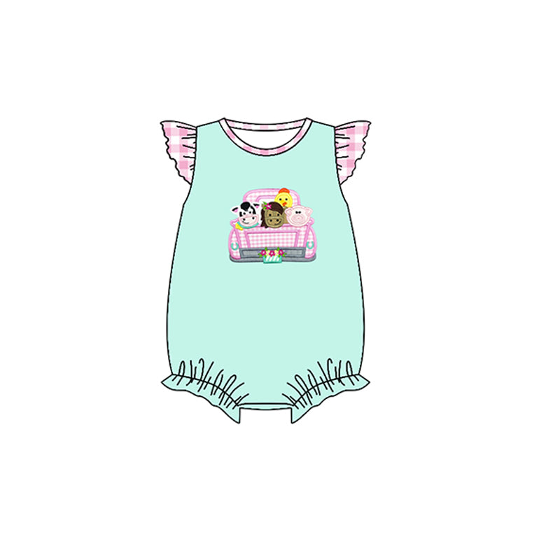 preorder SR0747 Farm horse cow pig chick animals green pink checkered flutter sleeve girls romper