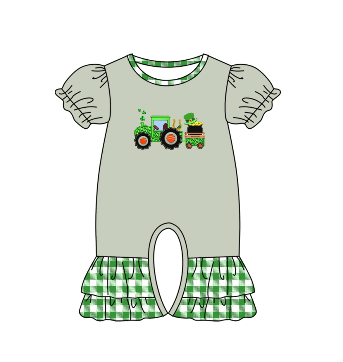 preorder SR0787 Saint Patrick Tractor Hat Grey Green Checkered Short Sleeve Girls Romper