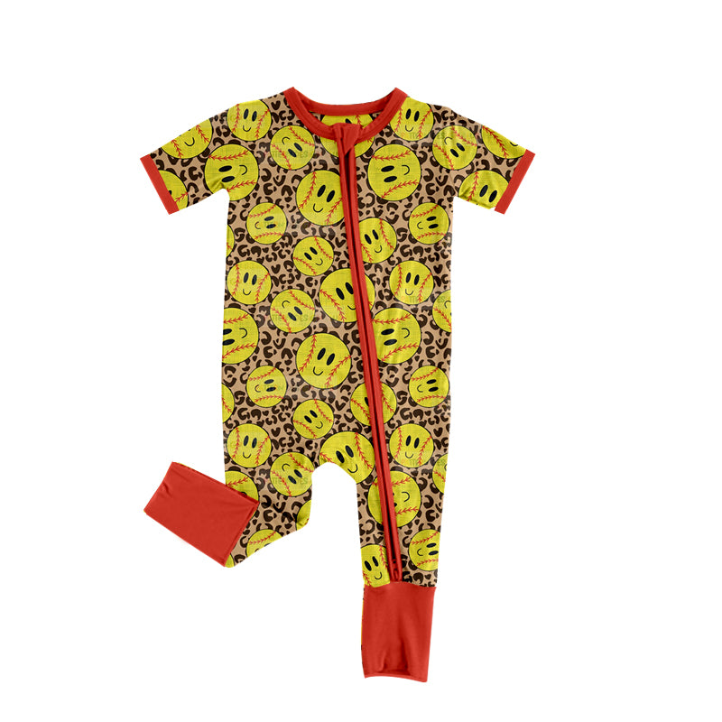 preorder SR0919 Smile Yellow Softball Leopard Short Sleeve Zipper Kids Romper
