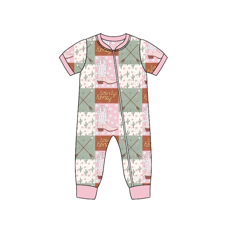 preorder SR1110 Western howdy boot cactus pink short sleeve girls zipper romper