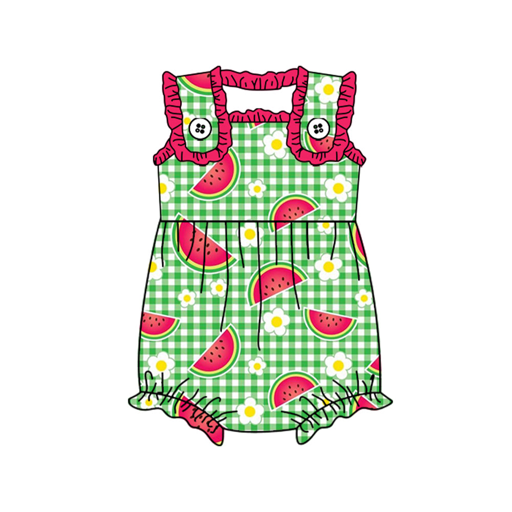preorder SR1144 Watermelon flowers green checkered sleeveless girls romper