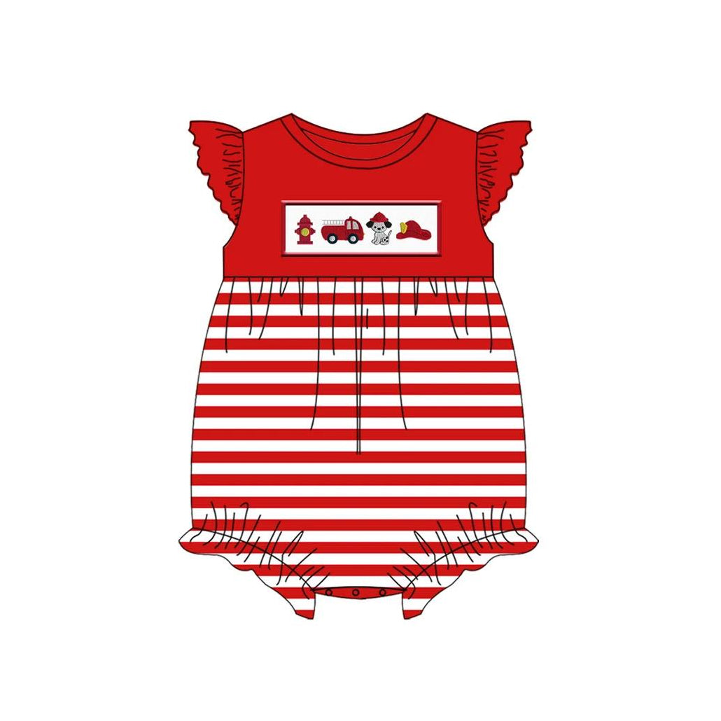 preorder SR1150 Fire truck dog red flutter sleeve striped girls romper