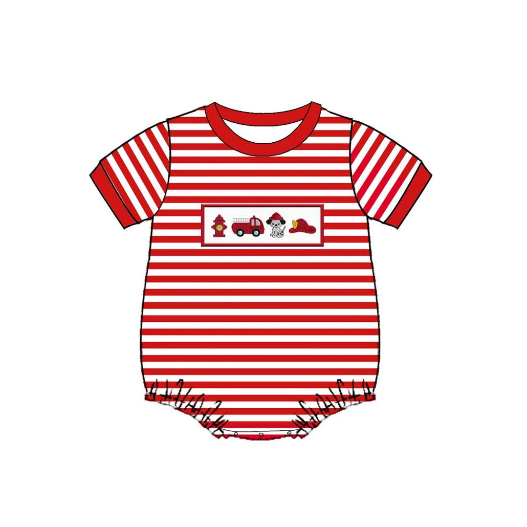 preorder SR1151 Fire truck dog red striped short sleeve boys romper