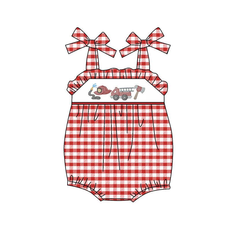 custom moq3 Fire truck red checkered girls romper