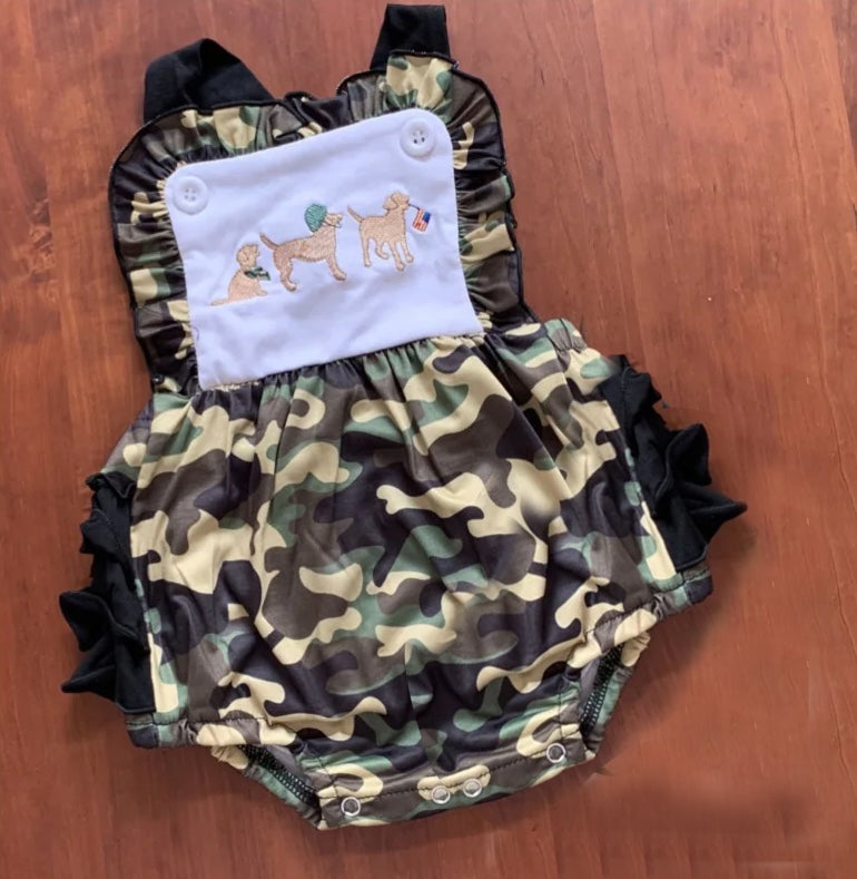 preorder SR1249 dog flag green camo girls romper