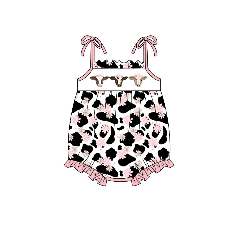 preorder SR1296 cow flowers cow print pink lace-up girls romper