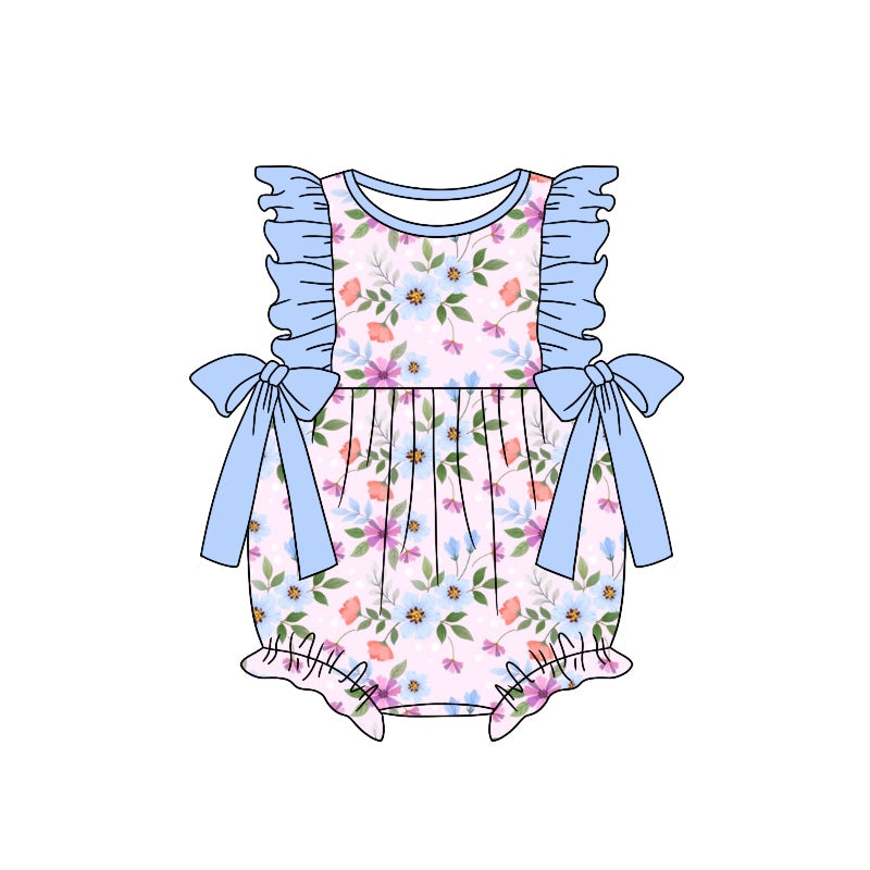 preorder SR1331 multi colorful flowers blue ruffles girls romper