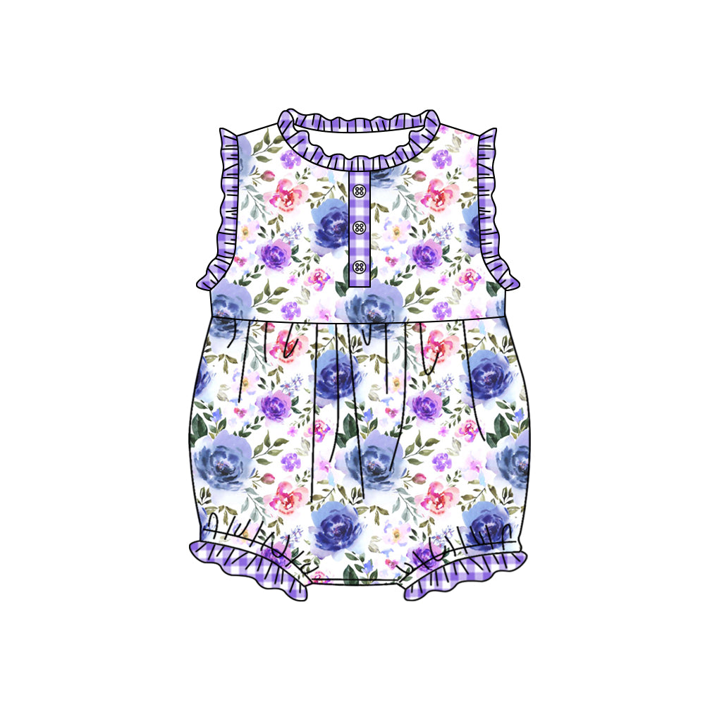 preorder SR1344 flowers purple ruffles sleeveless girls romper
