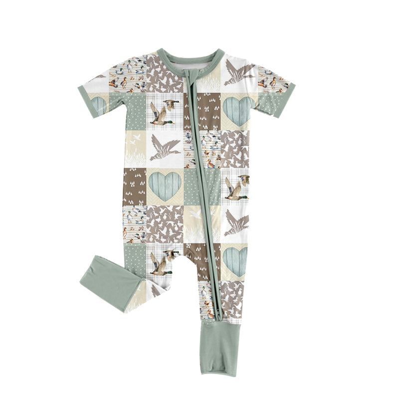 preorder SR1356 mallard duck heart green short sleeve zipper boys romper