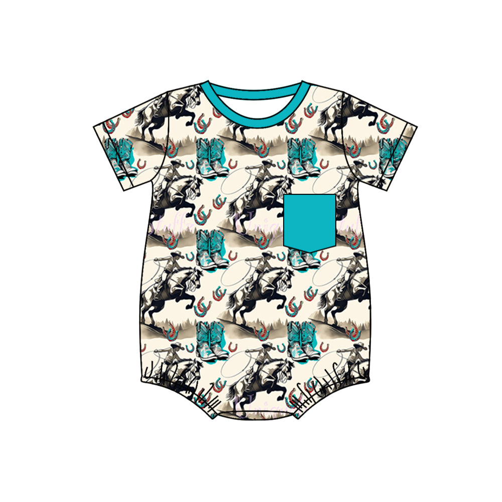 preorder SR1361 Western rodeo blue pocket short sleeve boys romper