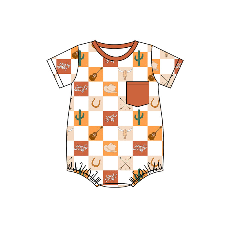 preorder SR1367 Western country guitar hat pocket brown short sleeve boys romper