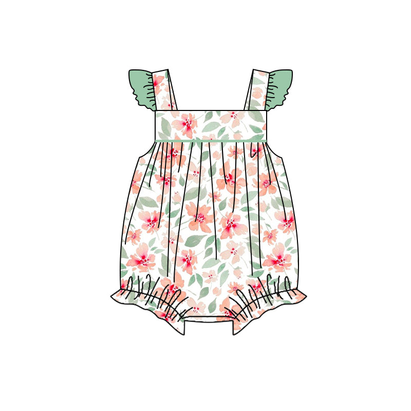 preorder SR1485 pink flowers green flutter sleeve girls romper