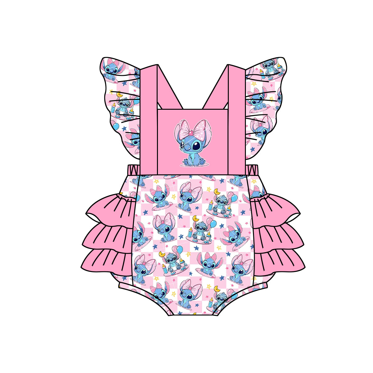 preorder SR1497 cartoon dog animals pink checkered flutter sleeve girls romper