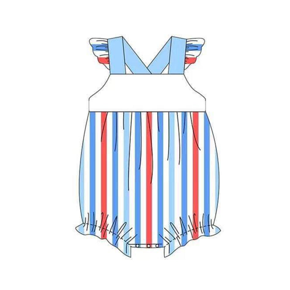 preorder SR1504 July 4th red blue striped flutter sleeve girls romper