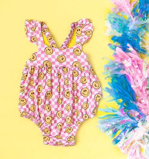preorder SR1509 smile pink checkered flutter sleeve girls romper