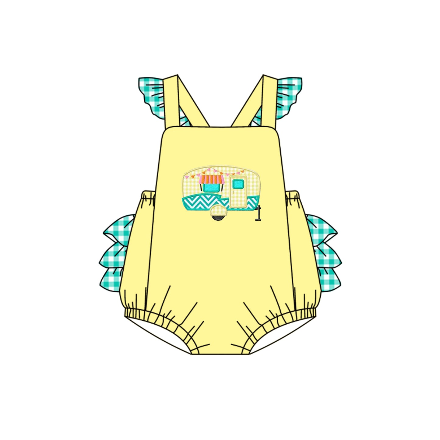 preorder SR1530 camping bus yellow flutter sleeve girls romper