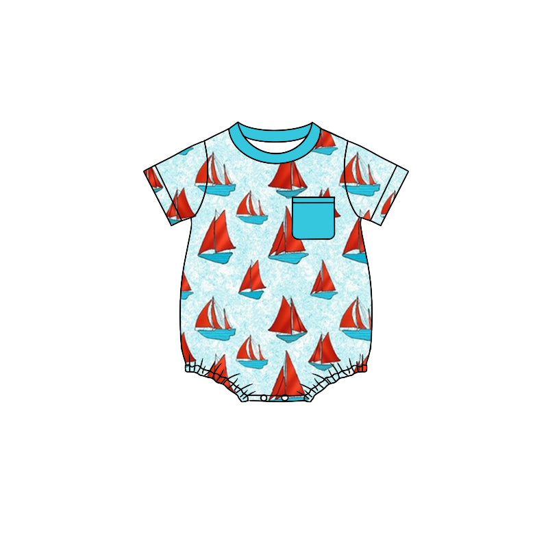 preorder SR1545 red sailboat blue pocket short sleeve boys romper