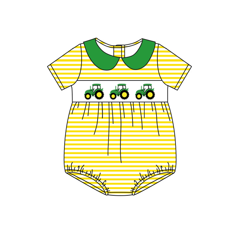 preorder SR1624 farm tractor yellow striped short sleeve girls romper