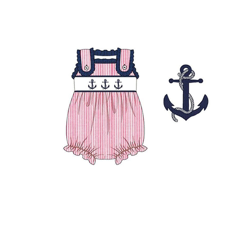 preorder SR1631 boat anchor red striped ruffles girls romper