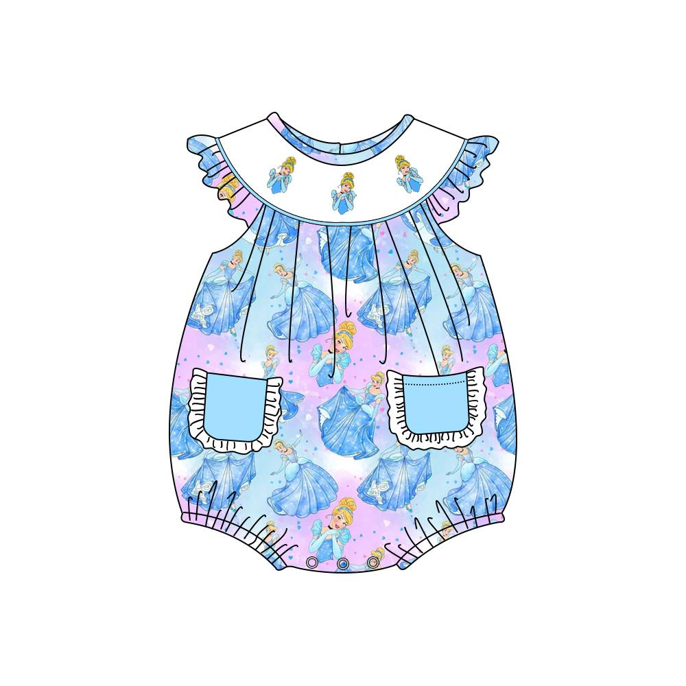 custom moq 3 cartoon princess pockets colorful flutter sleeve girls romper