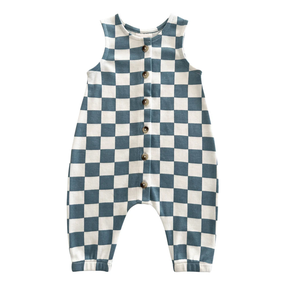 preorder SR1700 blue checkered sleeveless baby romper