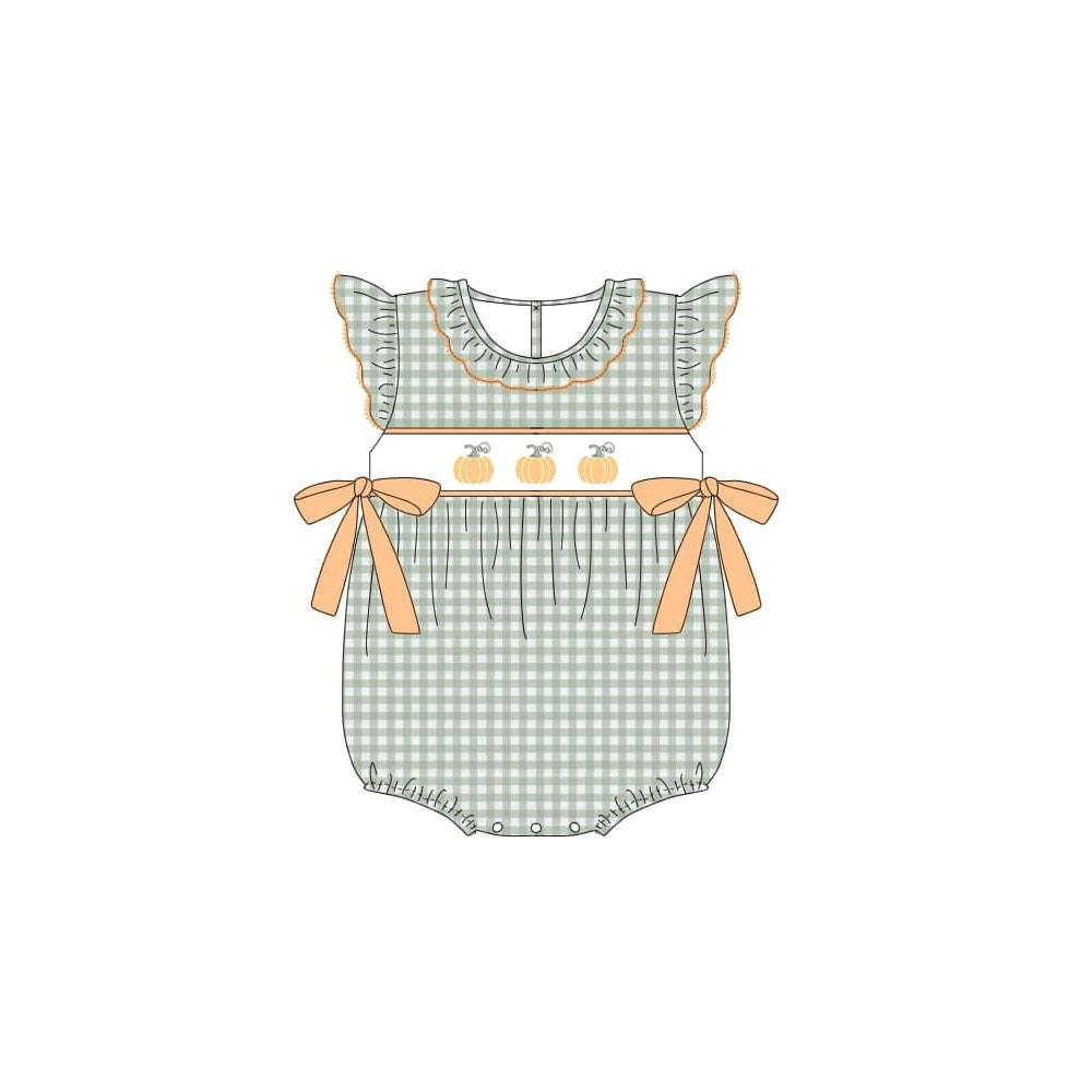 preorder SR1708 Autumn pumpkin green checkered flutter sleeve girls romper