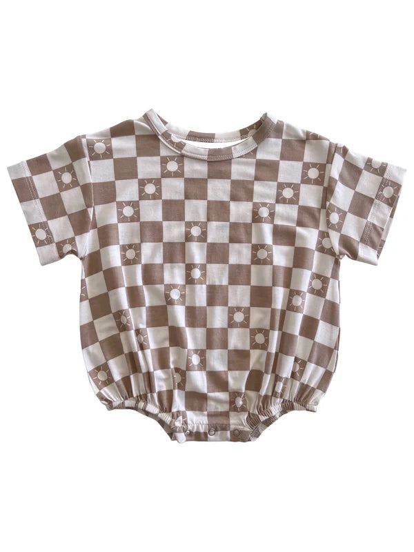 preorder SR1725 khaki checkered short sleeve girls romper