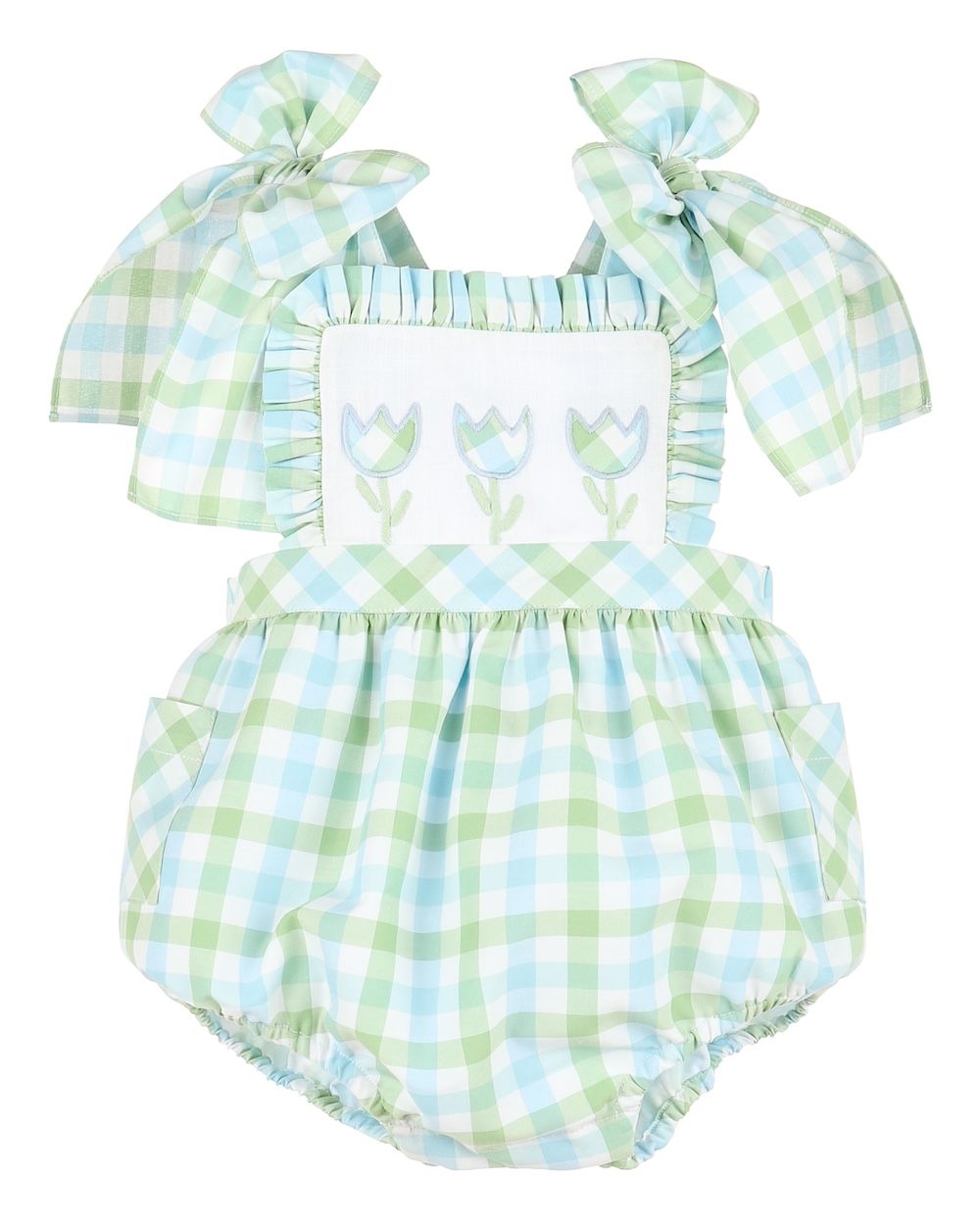 custom moq 3 blue green checkered flowers girls bows romper