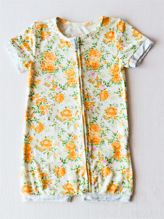 preorder SR1766 yellow flowers short sleeve girls zipper romper