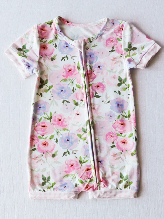 custom moq 3 pink blue flowers short sleeve girls zipper romper