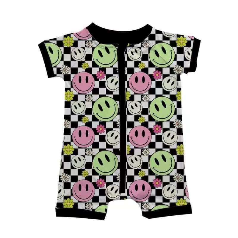 preorder SR1777 colorful smile flowers black checkered short sleeve zipper girls romper