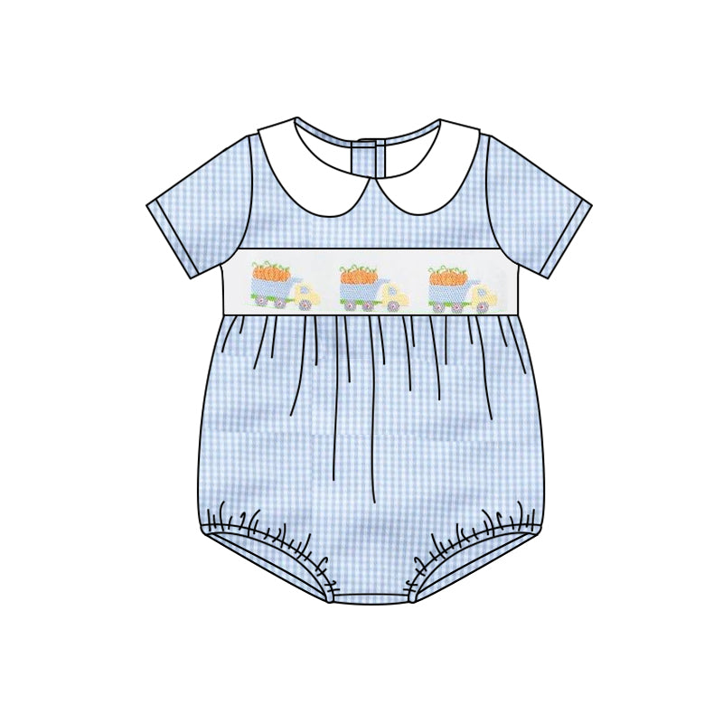 preorder SR1787 Autumn full pumpkin truck blue checkered short sleeve girls romper