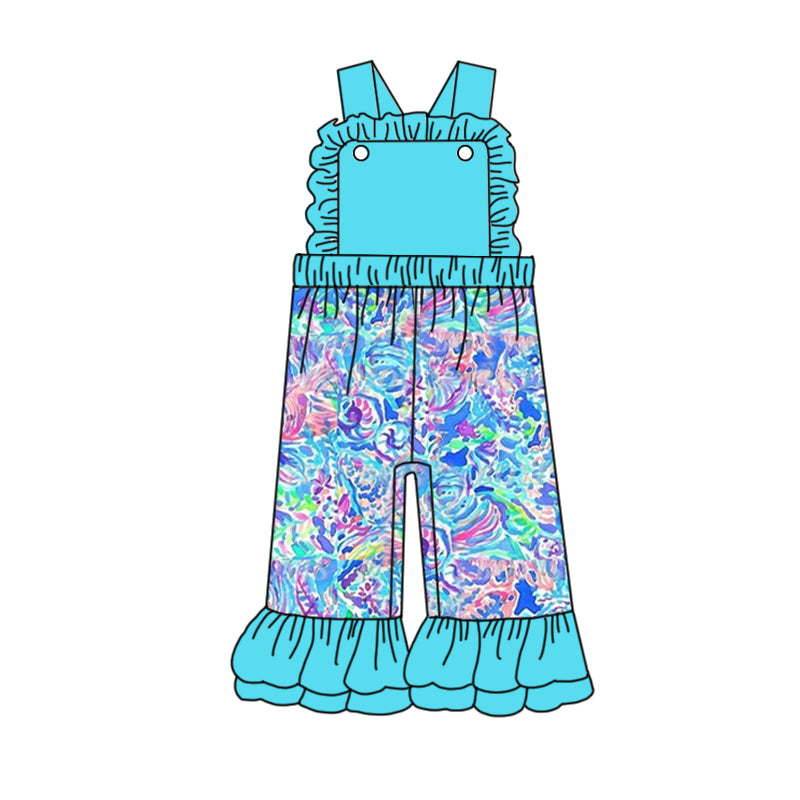 preorder SR1809 tropical colorful print dark blue sleeveless girls jumpsuits
