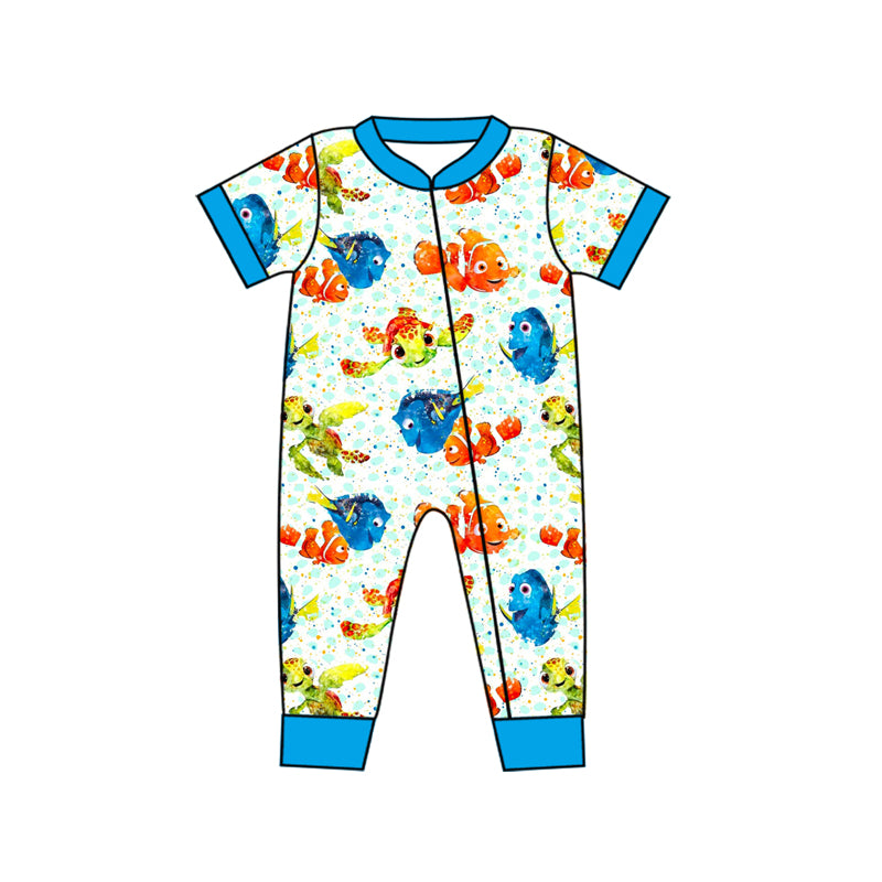 preorder SR1828 cartoon fish tortoise blue short sleeve zipper boys romper