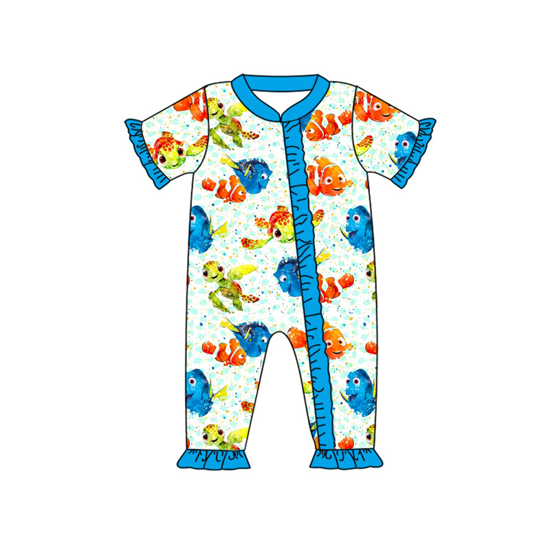 preorder SR1829 cartoon fish tortoise blue short sleeve zipper girls romper