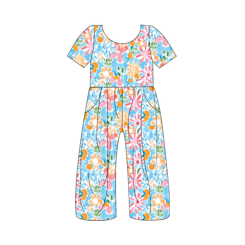 preorder SR1860 colorful flowers short sleeve girls jumpsuits