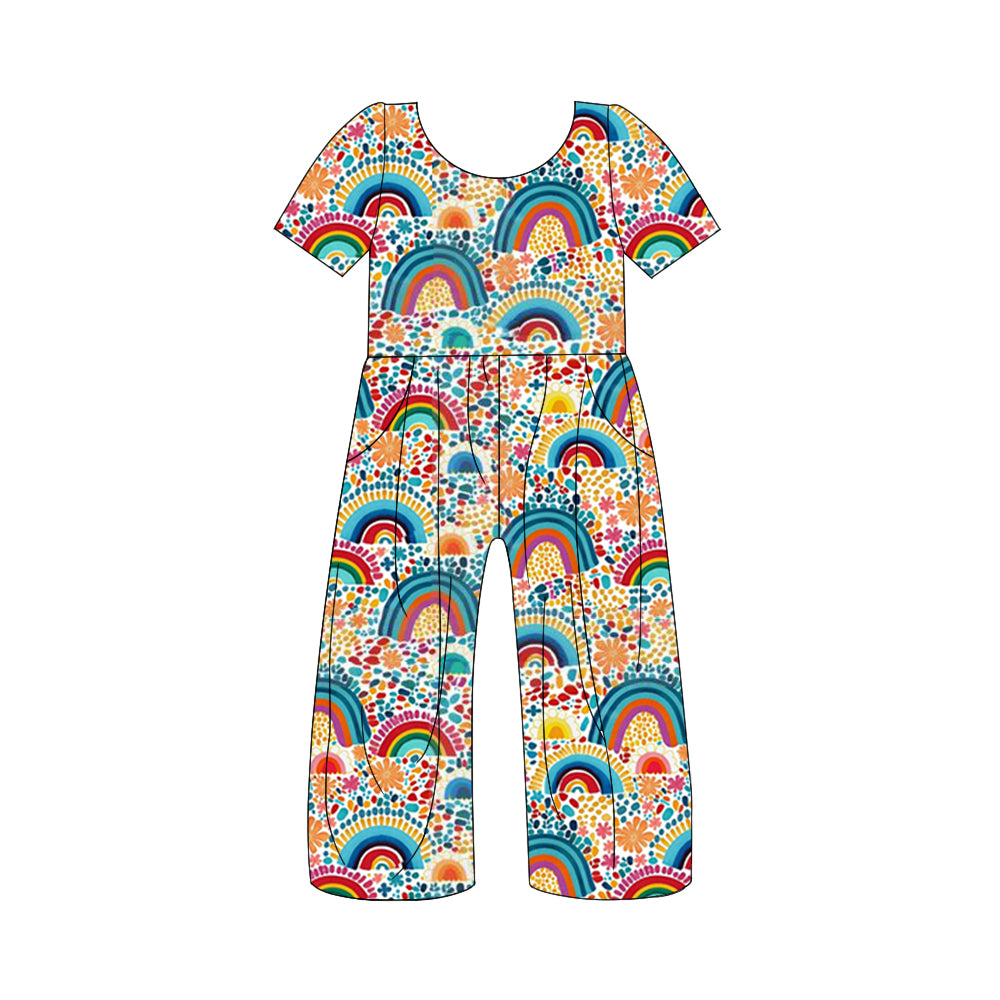preorder SR1883 colorful rainbow leopard flowers short sleeve girls jumpsuits