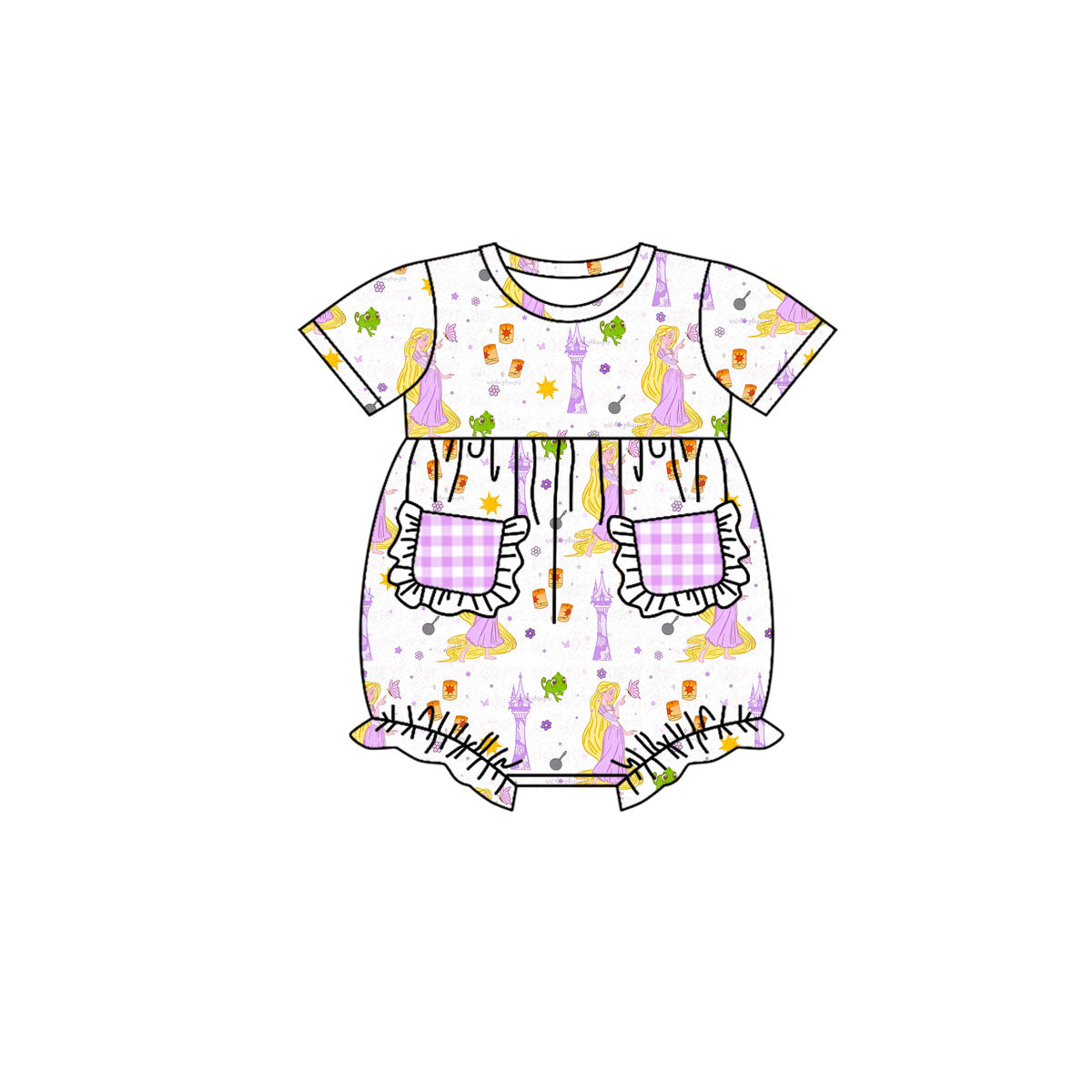 preorder SR1885 long hair princess purple checkered pockets short sleeve girls romper