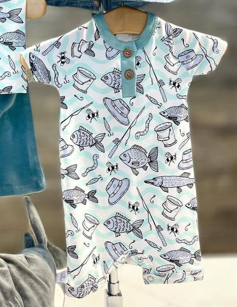 preorder SR1888 fishing hat blue short sleeve boys romper